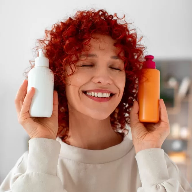 mulher de cabelos cacheados hidratados escolhendo produto para seu cabelo
